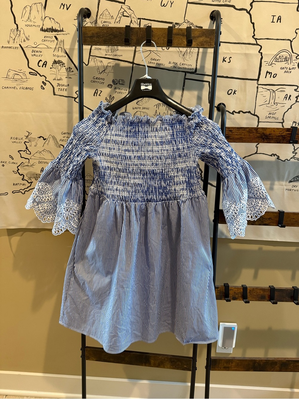 Ted Baker Blue Striped Off-Shoulder Smocked Dress with Crochet Sleeves - Picture 4 of 6